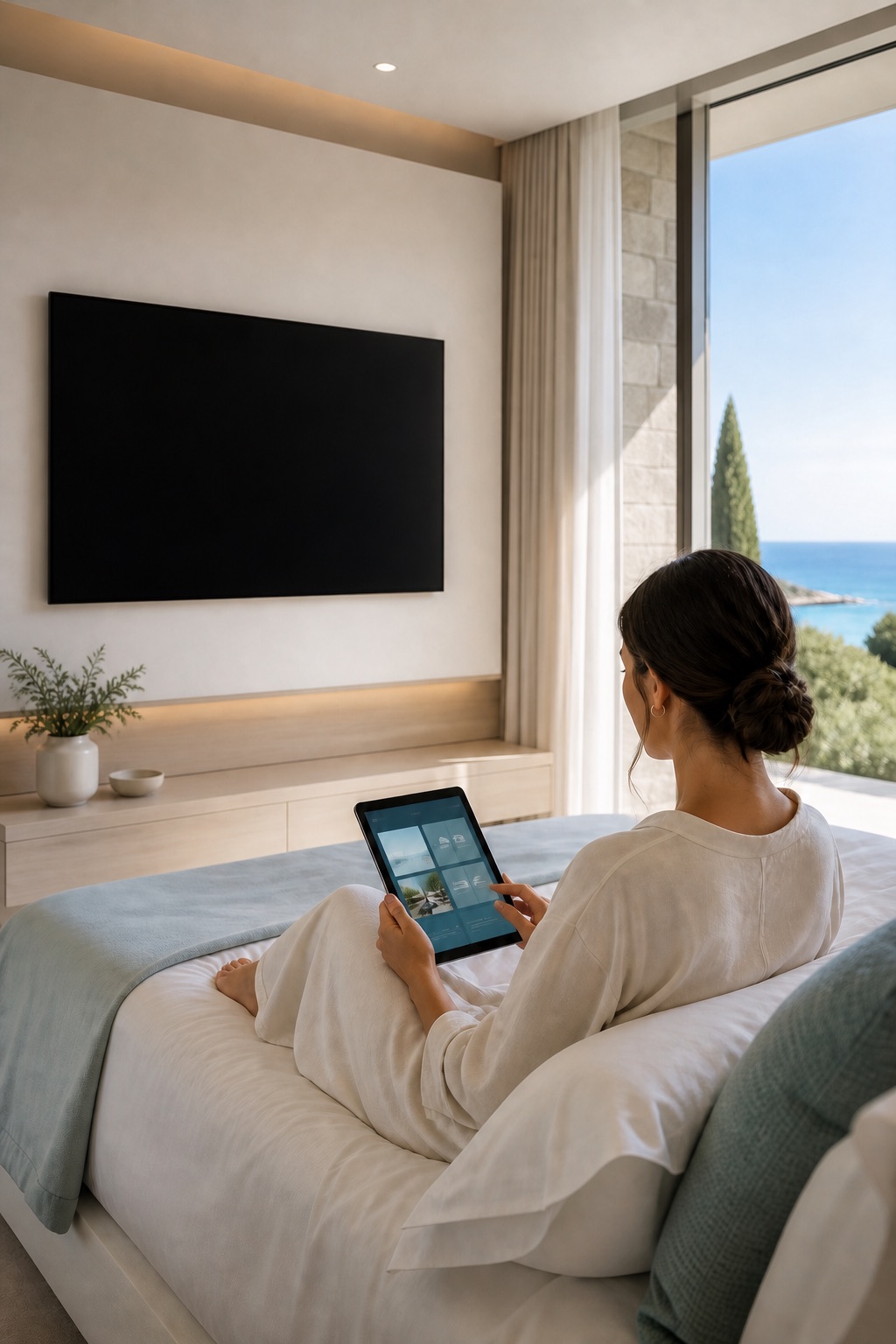 Huésped en la habitación usando la app de OShotel con su bienvenida personalizada, frente a la TV